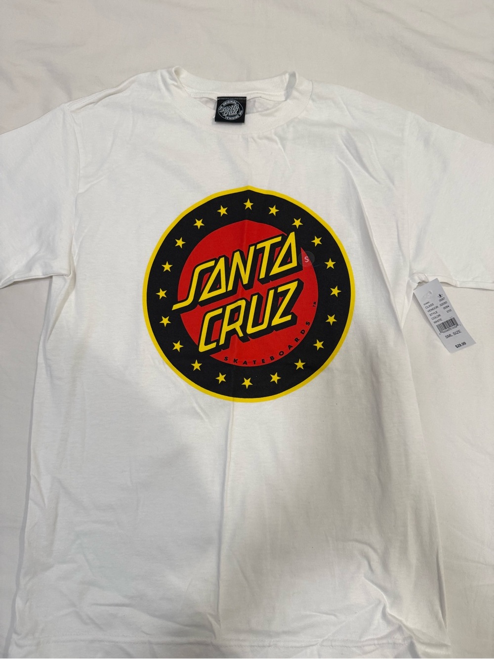 PacSun White Tee with Red, Black & Yellow Santa Cruz Logo